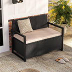 PE Rattan Outdoor Storage Loveseat Brown UV-Resistant Woven Rattan Pattern, 40-Gallon Under-Seat Storage, 800lbs Capacity for Patio