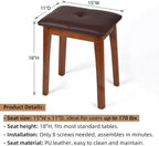 Solid Wood Vanity Stool with Cushion, 11" D x 15" W x 18" H - Small Wooden Ottoman Bench Chair Padded Seat for Bedroom/Living Room/Office/Makeup Vanity/Closet/Desk - Brown