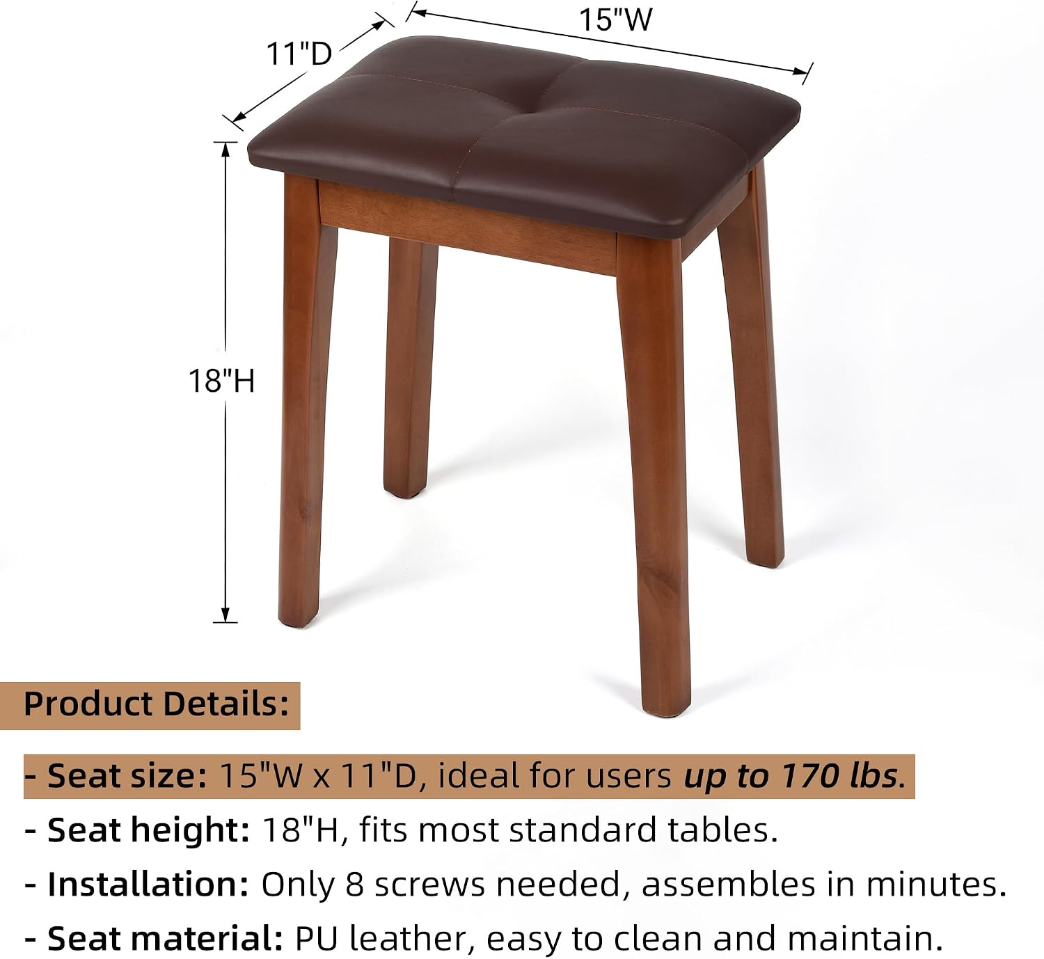 Solid Wood Vanity Stool with Cushion, 11" D x 15" W x 18" H - Small Wooden Ottoman Bench Chair Padded Seat for Bedroom/Living Room/Office/Makeup Vanity/Closet/Desk - Brown