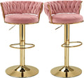 VECELO Bar Stools Set of 2, Adjustable Barstools Counter Height Stools with Back and Arm, Velvet Woven Kitchen Island Stools w/Gold Metal Leg Base, 360° Swivel Bar Chair, Pink