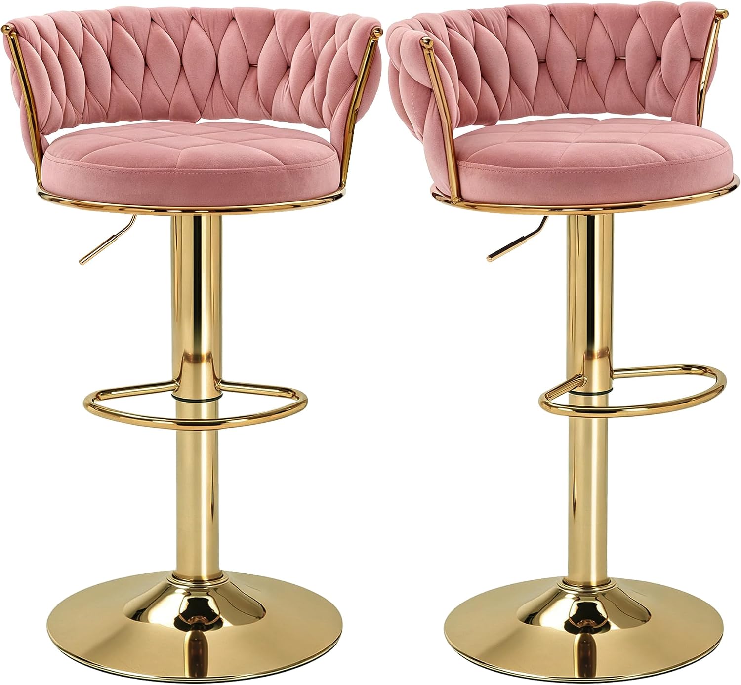 VECELO Bar Stools Set of 2, Adjustable Barstools Counter Height Stools with Back and Arm, Velvet Woven Kitchen Island Stools w/Gold Metal Leg Base, 360° Swivel Bar Chair, Pink