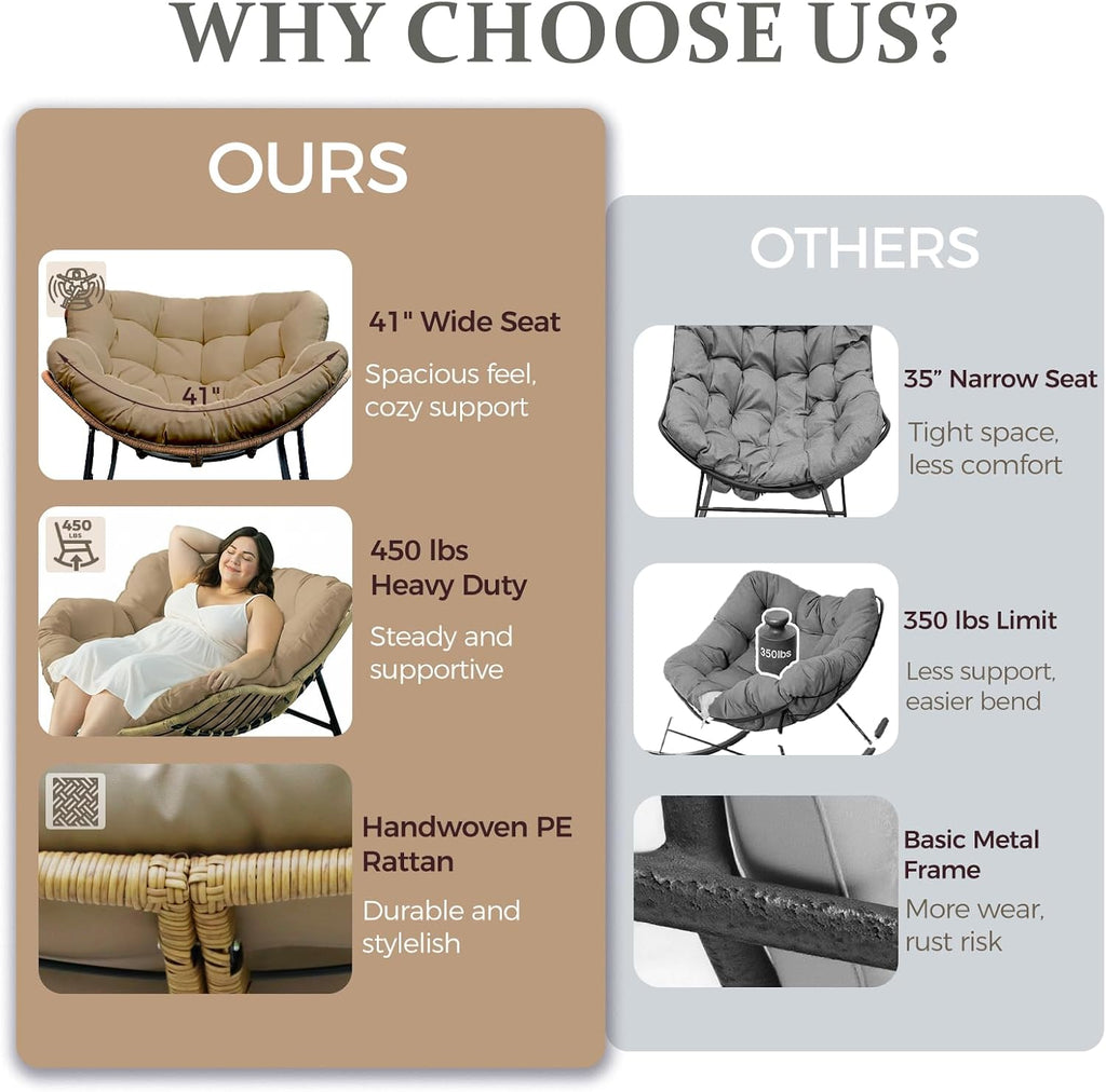FINCATI Papasan Rocking Chair Indoor Outdooor, Oversized Wicker Recliner with Cushion and Frame, 450 lbs Heavy Duty Large Lounge Egg Chairs, Comfy Patio Rocker for Balcony Porch Garden Living Room