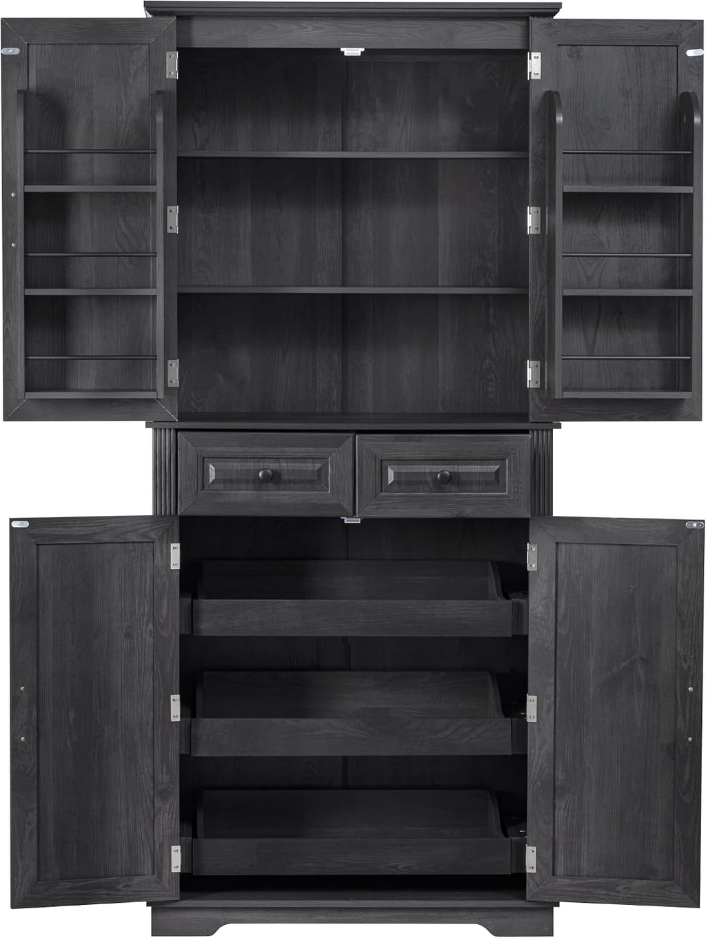 71" Tall Kitchen Pantry Cabinet with 3 Pull Out Cabinet Organizers, Farmhouse Embossed Texture Storage Cabine with 6 Door Shelves, 2 Drawers, Freestanding Cupboard for Kitchen, Dining Room (Black)