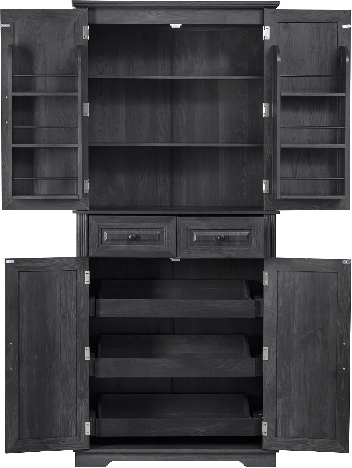 71" Tall Kitchen Pantry Cabinet with 3 Pull Out Cabinet Organizers, Farmhouse Embossed Texture Storage Cabine with 6 Door Shelves, 2 Drawers, Freestanding Cupboard for Kitchen, Dining Room (Black)