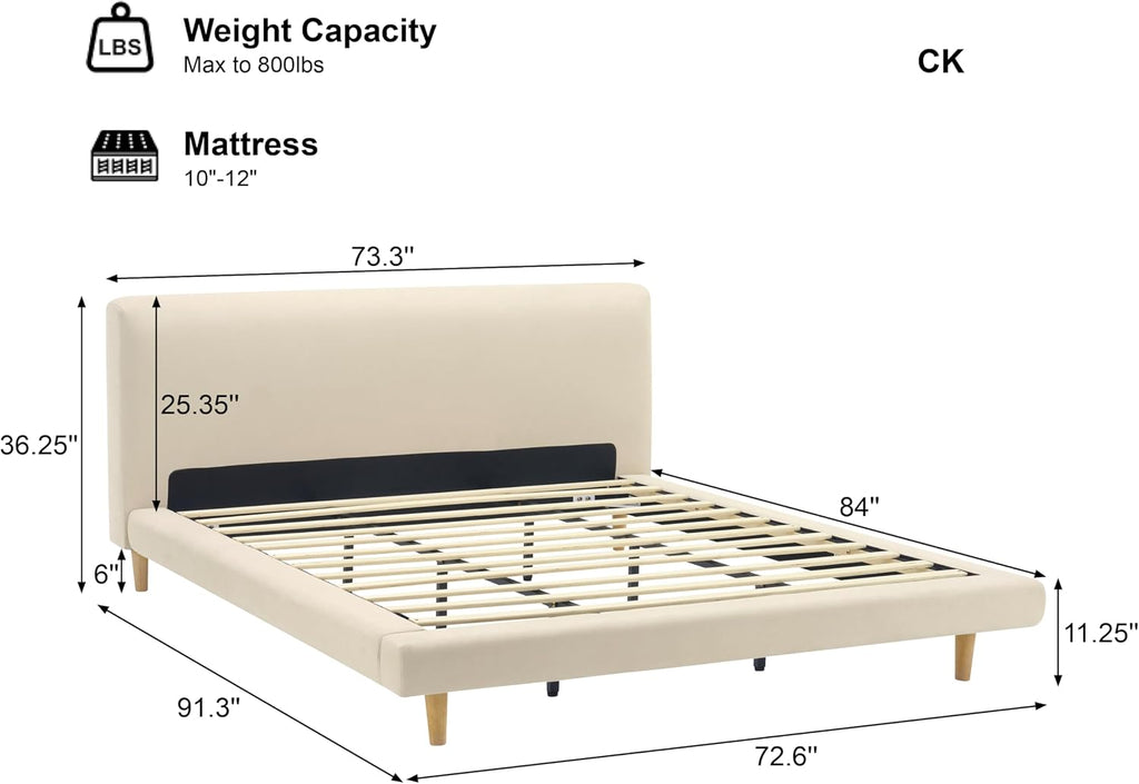 Cal-King Size Upholstered Beige Platform Bed with Chunky Headboard, Modern Fabric Bed Frame with 6-Inch Under-Bed Clearance for Bedroom, Solid Rubberwood Legs, 800lbs Capacity (California King)