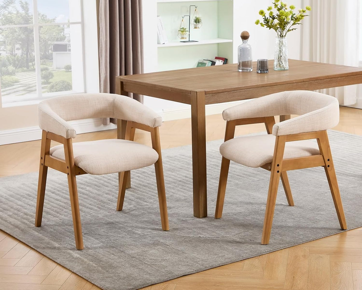 CIMOTA Modern Barrel Dining Chairs with Arms Set of 2, Upholstered Fabric Kitchen & Dining Room Chairs with Open Back/Solid Wood Legs, Comfortable Side Chairs, Linen Beige