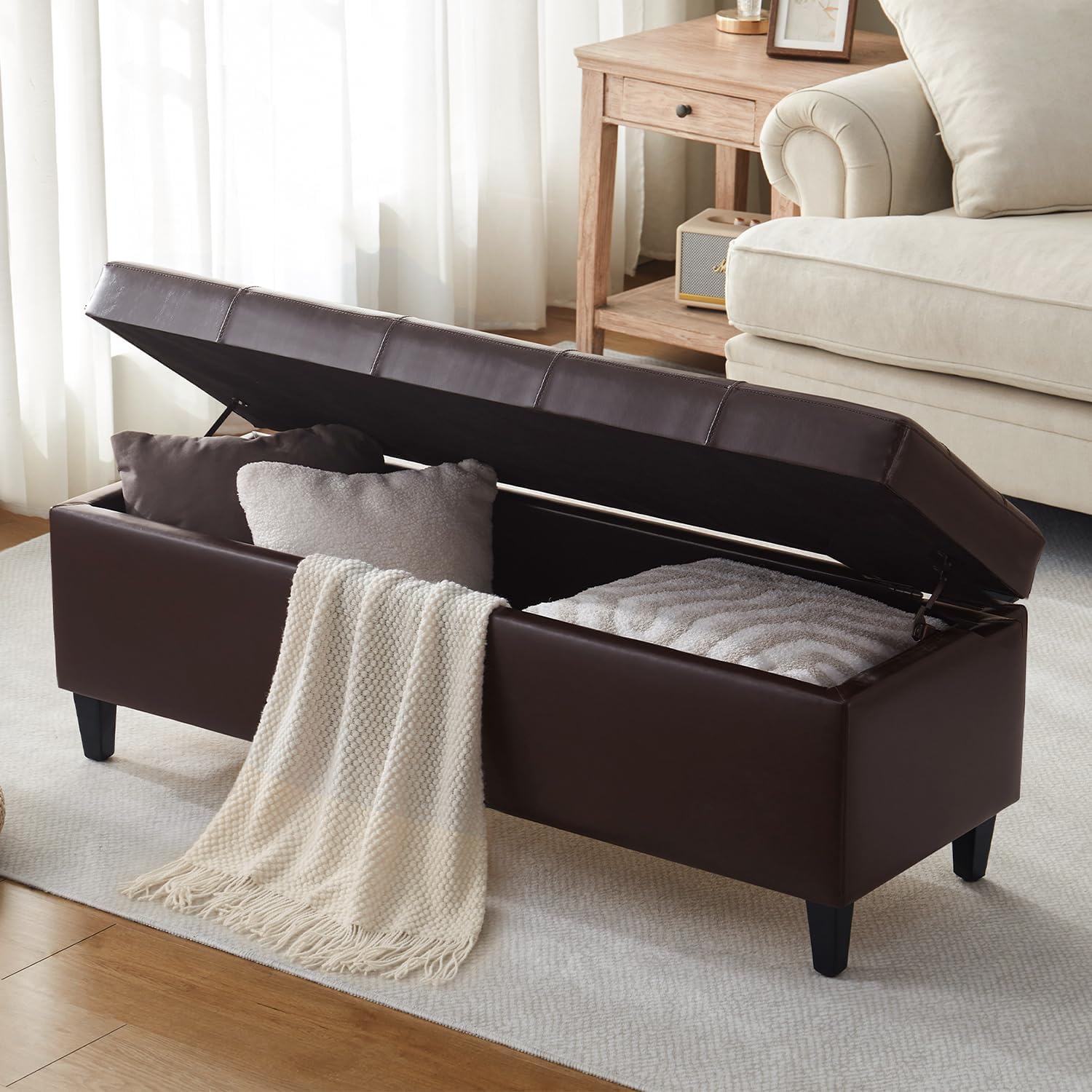 50.5 Inch Storage Ottoman Bench, Faux Leather Tufted Upholstered Bedroom Bench with Safety Hinges, Supports 300 lbs, Large Storage Bench for Living Room, Entryway (Brown)