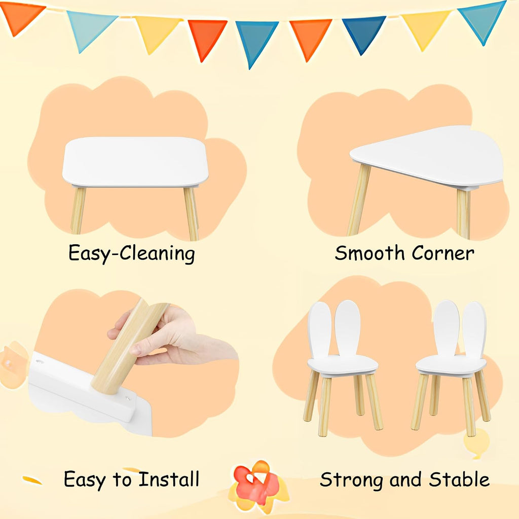 Kids Table and 2 Chairs Set, 3 Piece Wooden Toddler Table and Chair Set, White Activity Play Table and Chairs for Kids, Children's Art Desk Set (Rabbit Theme)