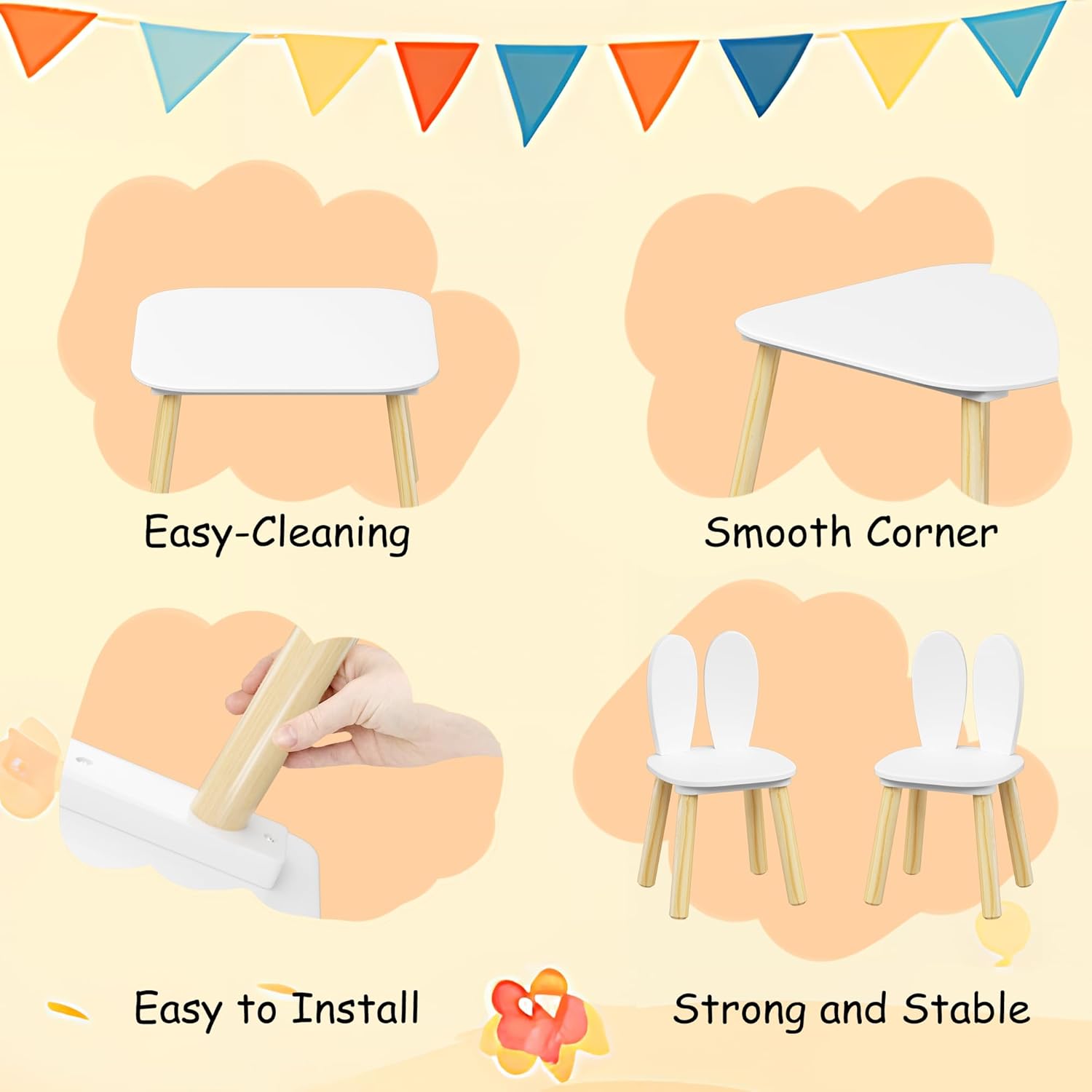 Rabbit Ear Kids Table and Chairs Set for Toddlers - White Wooden Childrens Play Table with 2 Chairs, 23.6 inch Kids Desk with Rounded Corners for Playroom (Solid Wood+MDF, White(Rabbit Ear))