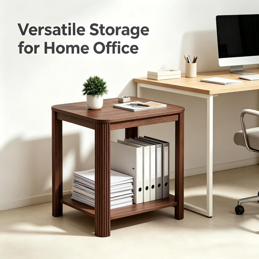 Boho Wave Engineered Wood End Table with 2-Tier Open Storage Shelf, Sturdy Load-Bearing Structure and Safety Rounded Corner Design(Walnut)