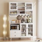 VOWNER Kitchen Hutch Storage Cabinet Microwave Shelf, Freestanding Pantry with 4 Glass Doors and 2 Drawers, Modern Sideboard Buffet Cabinet for Kitchen, Dining Room, Living Room, White