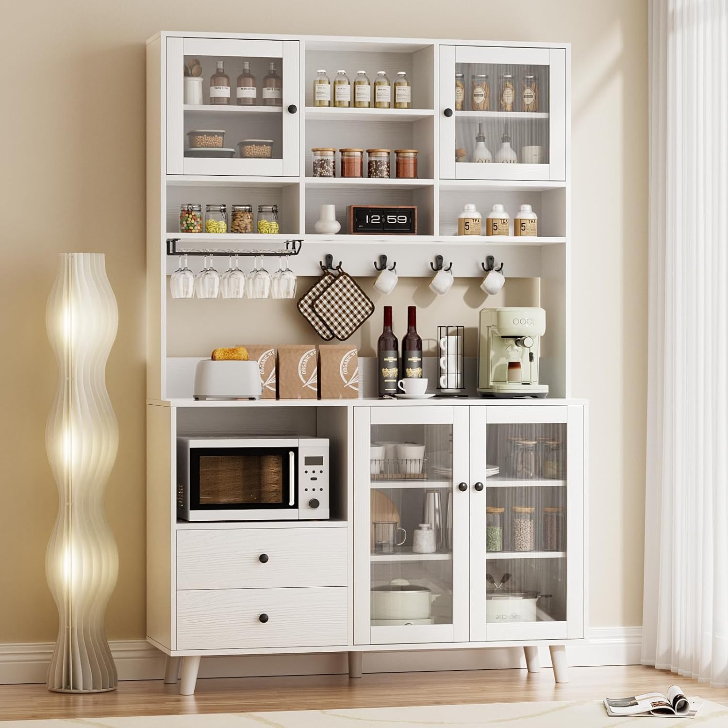 VOWNER Kitchen Hutch Storage Cabinet Microwave Shelf, Freestanding Pantry with 4 Glass Doors and 2 Drawers, Modern Sideboard Buffet Cabinet for Kitchen, Dining Room, Living Room, White