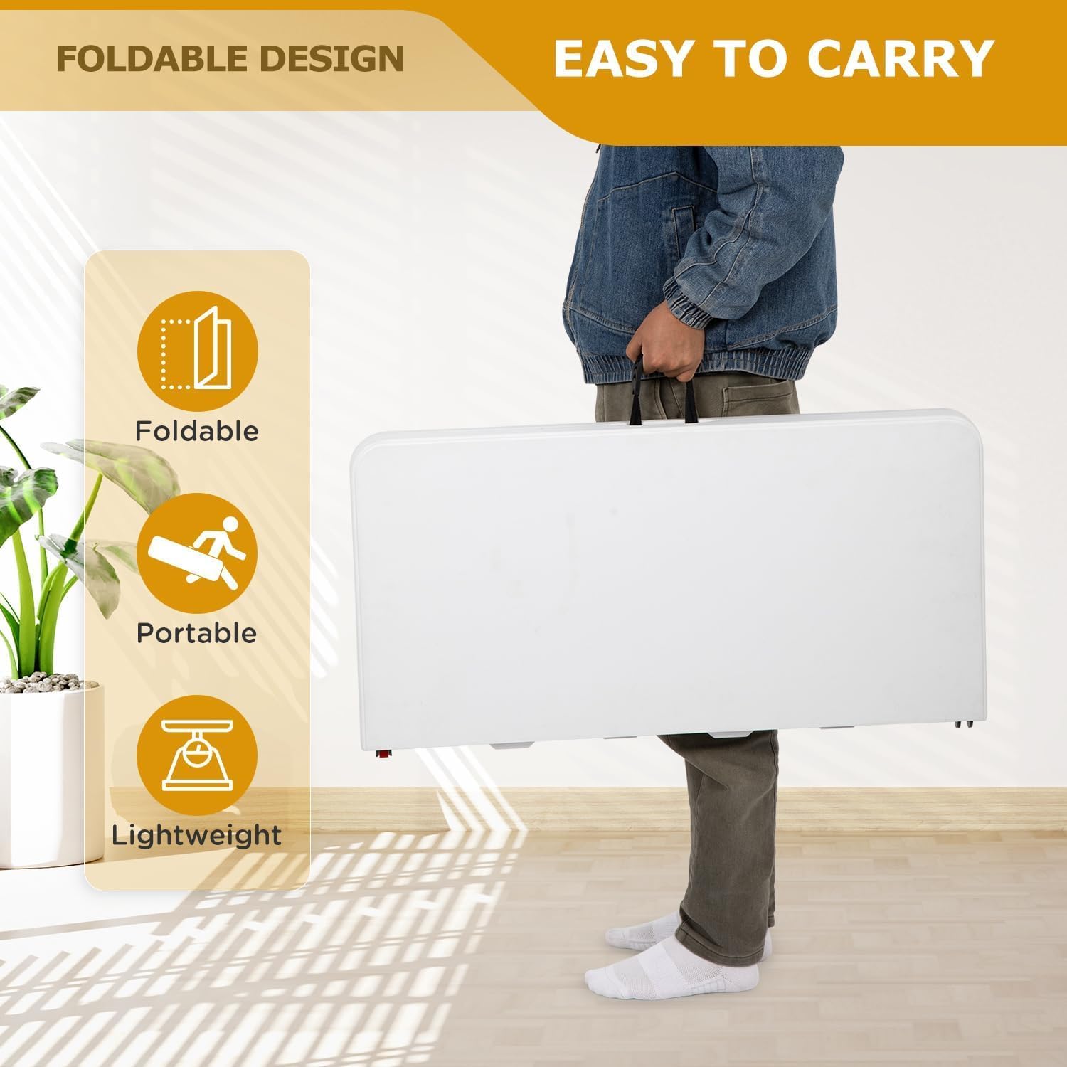 34" Square Folding Card Table, Fold-in-Half Utility Dining Portable Tables Heavy Duty HDPE Plastic Foldable Table with Carrying Handle Indoor Outdoor for Picnic, Camping, Party, White