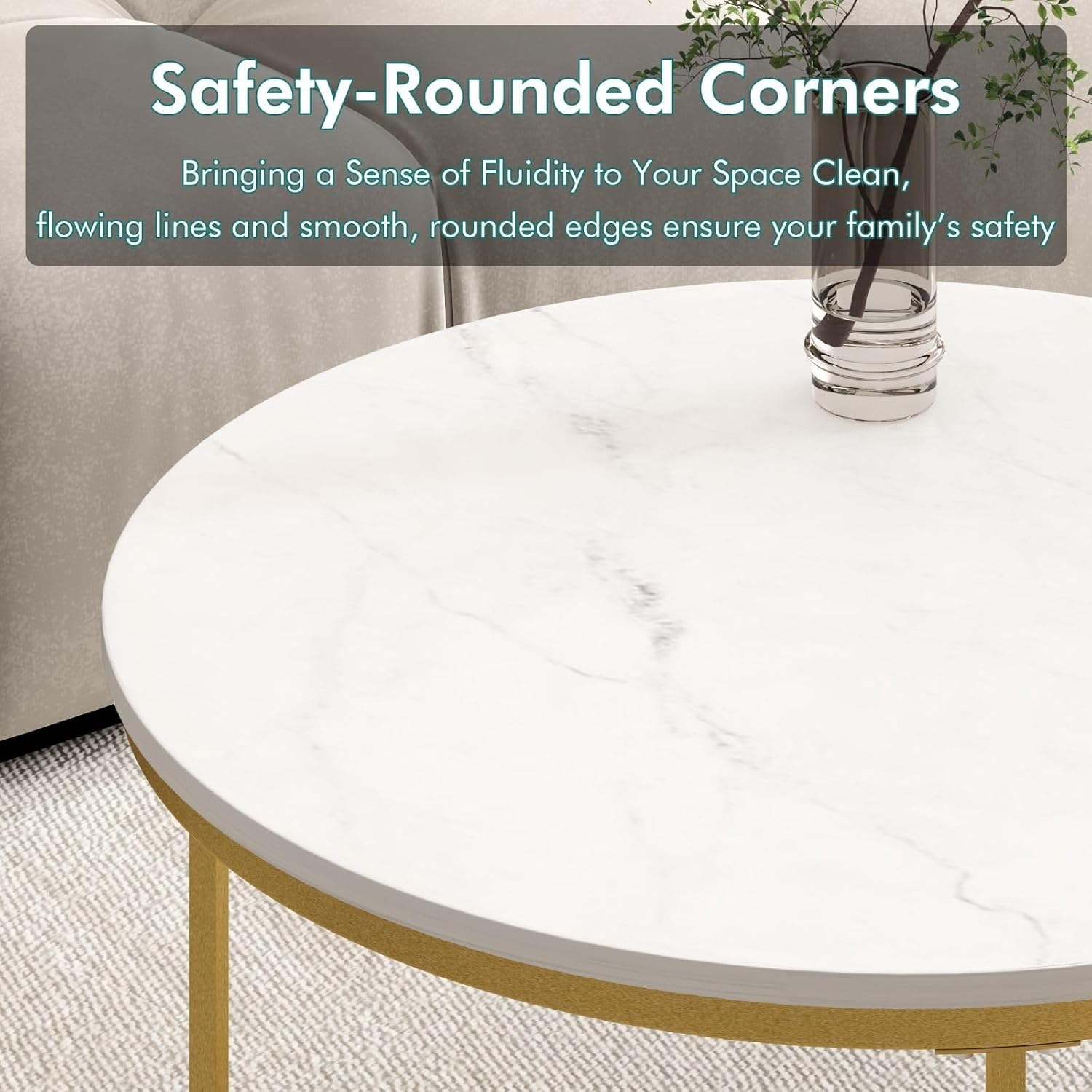 Nesting Coffee Table Set of 2, Round Tables with Marble Pattern MDF Top | Space-saving nested design, 120 LBS load capacity, luxury marble-look finish, gold metallic base, quick 10-min assembly