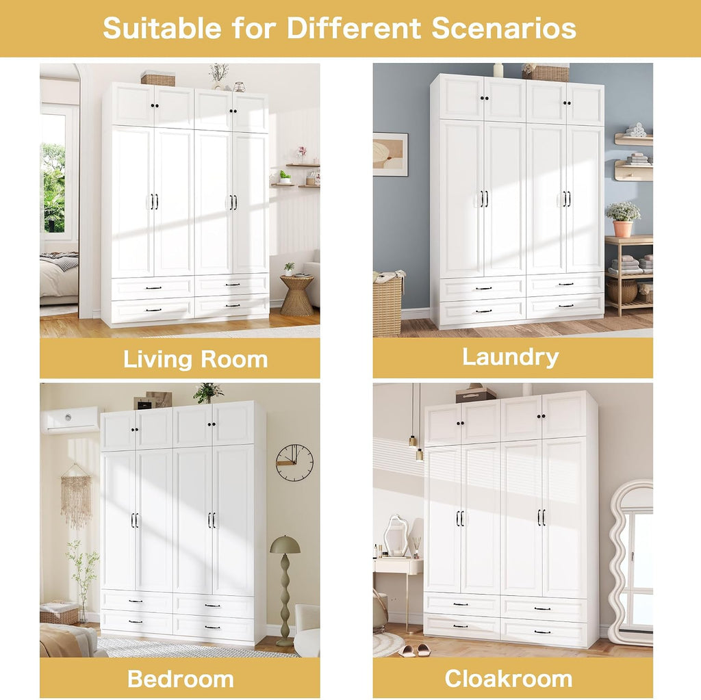 Armoire Wardrobe Closet with Doors: 89" Extra Tall White Wardrobe with Storage on Top, Bedroom Armoires with 4 Doors and 4 Drawers, Large Wood Closet Armoire for Hanging Clothes