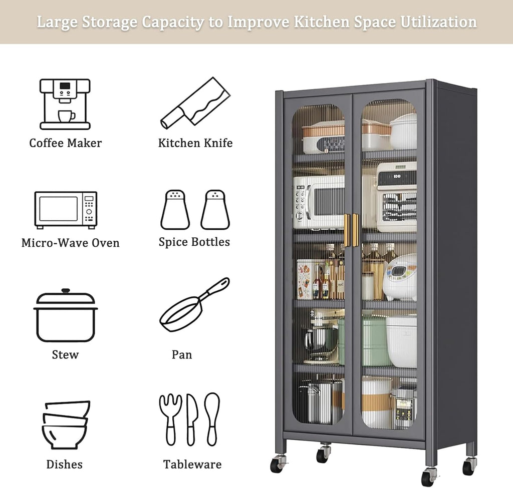Spaco 65" Kitchen Pantry Storage Cabinet,5 Tiers Food Pantry Cabinet with Adjustable Shelves & Transparent Door,Metal Display Storage Cabinet on Wheels for Kitchen,Living Room and Dining Room. (Grey)