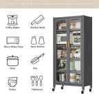 Spaco 65" Kitchen Pantry Storage Cabinet,5 Tiers Food Pantry Cabinet with Adjustable Shelves & Transparent Door,Metal Display Storage Cabinet on Wheels for Kitchen,Living Room and Dining Room. (Grey)