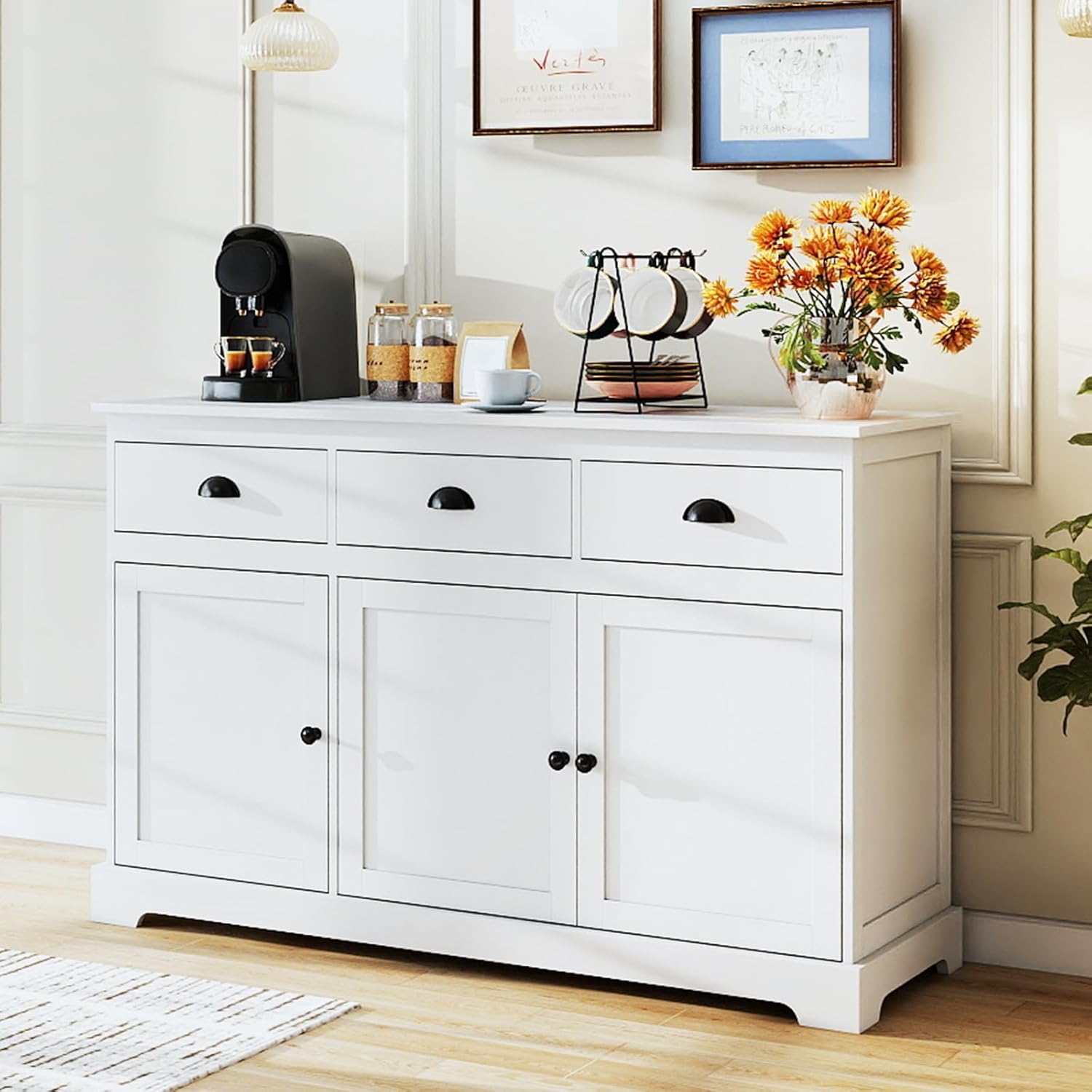 COSTWAY Sideboard Buffet Cabinet with Storage, Modern Coffee Bar Station with Drawers, Doors and Adjustable Shelves, Wooden Kitchen Storage Cabinet for Room (White)