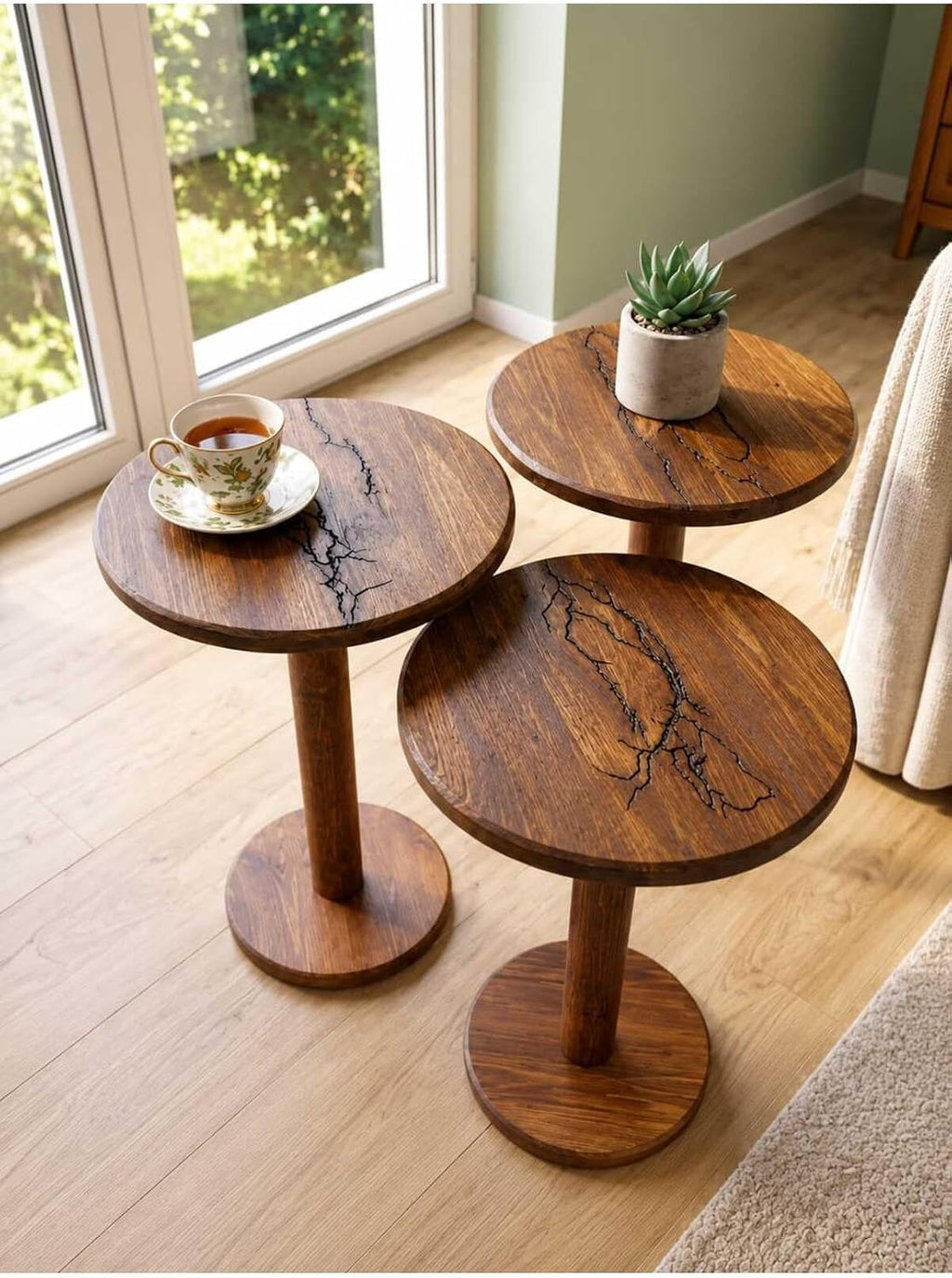 SODEF Handmade Round Walnut Wood Side Table Set, 3-Piece Nesting Tables, Wood, Retro Country Style, Unique Lichtenberg Figures, Approx. 13.4" Diameter - Brown