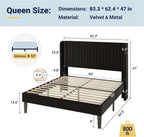 Allewie Queen Size Velvet Bed Frame/Vertical Channel Tufted Wingback Headboard/Upholstered Platform Bed/Strong Wooden Slats/No Box Spring Needed/Easy Assembly/Black