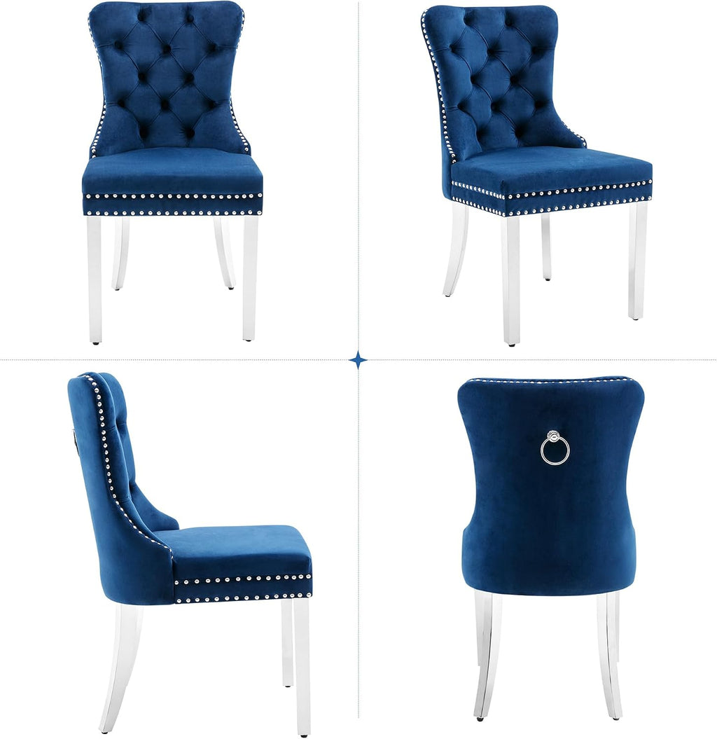 Dining Room Chairs Set of 4, Tufted Velvet Chairs with Modern Stainless Steel Legs, Rivet Trim Metal Pull Ring Large Back for Kitchen Dining Room Restaurant, Blue