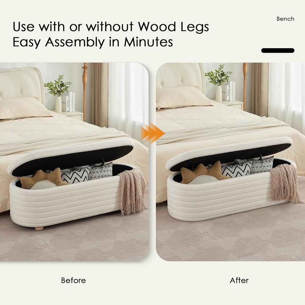 53" Storage Bench Teddy Ottoman Bench Upholstered Fabric Bench End of Bed Stool with Safety Hinge for Bedroom, Living Room, Entryway, White