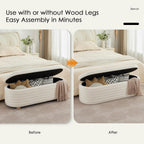 53" Storage Bench Teddy Ottoman Bench Upholstered Fabric Bench End of Bed Stool with Safety Hinge for Bedroom, Living Room, Entryway, White