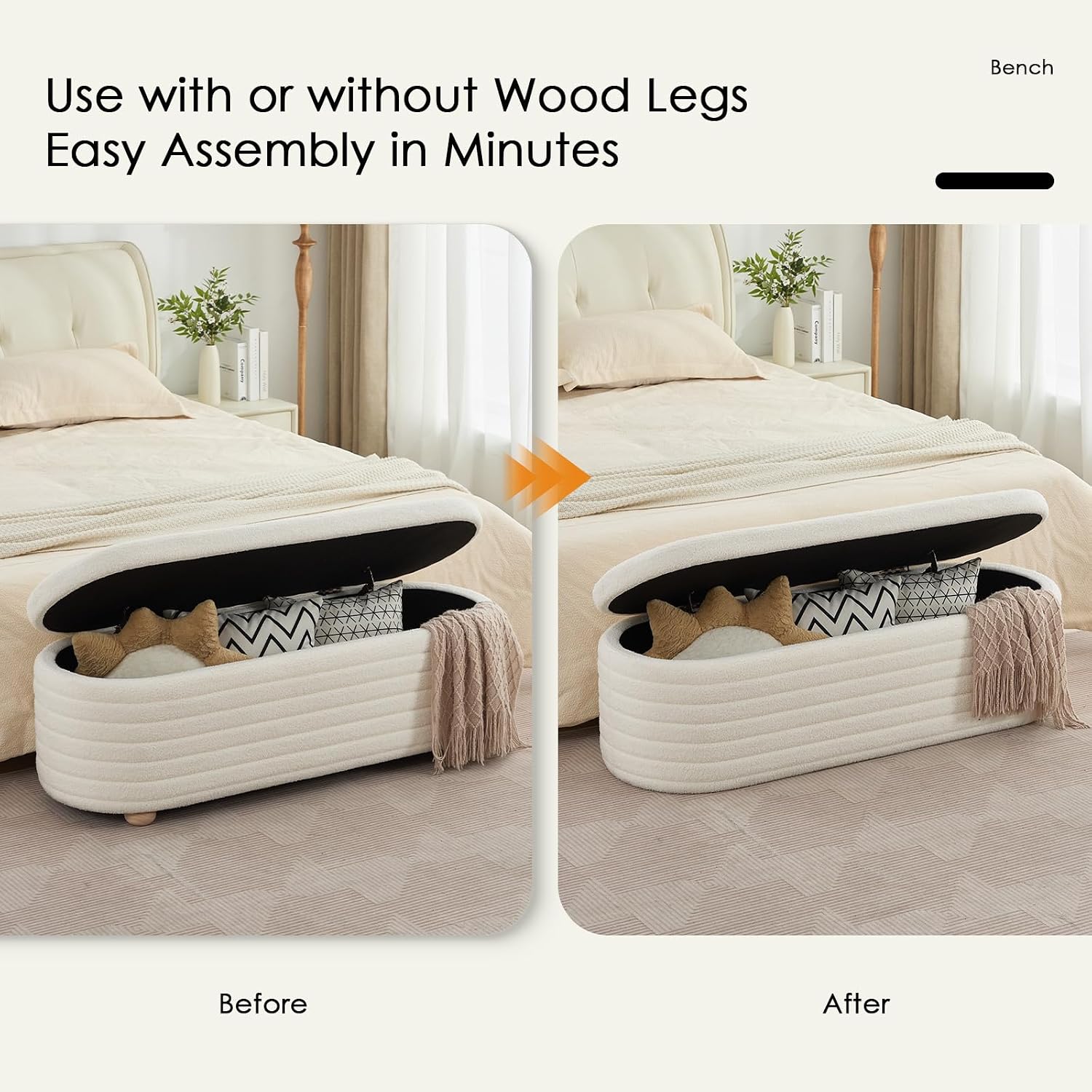 53" Storage Bench Teddy Ottoman Bench Upholstered Fabric Bench End of Bed Stool with Safety Hinge for Bedroom, Living Room, Entryway, White