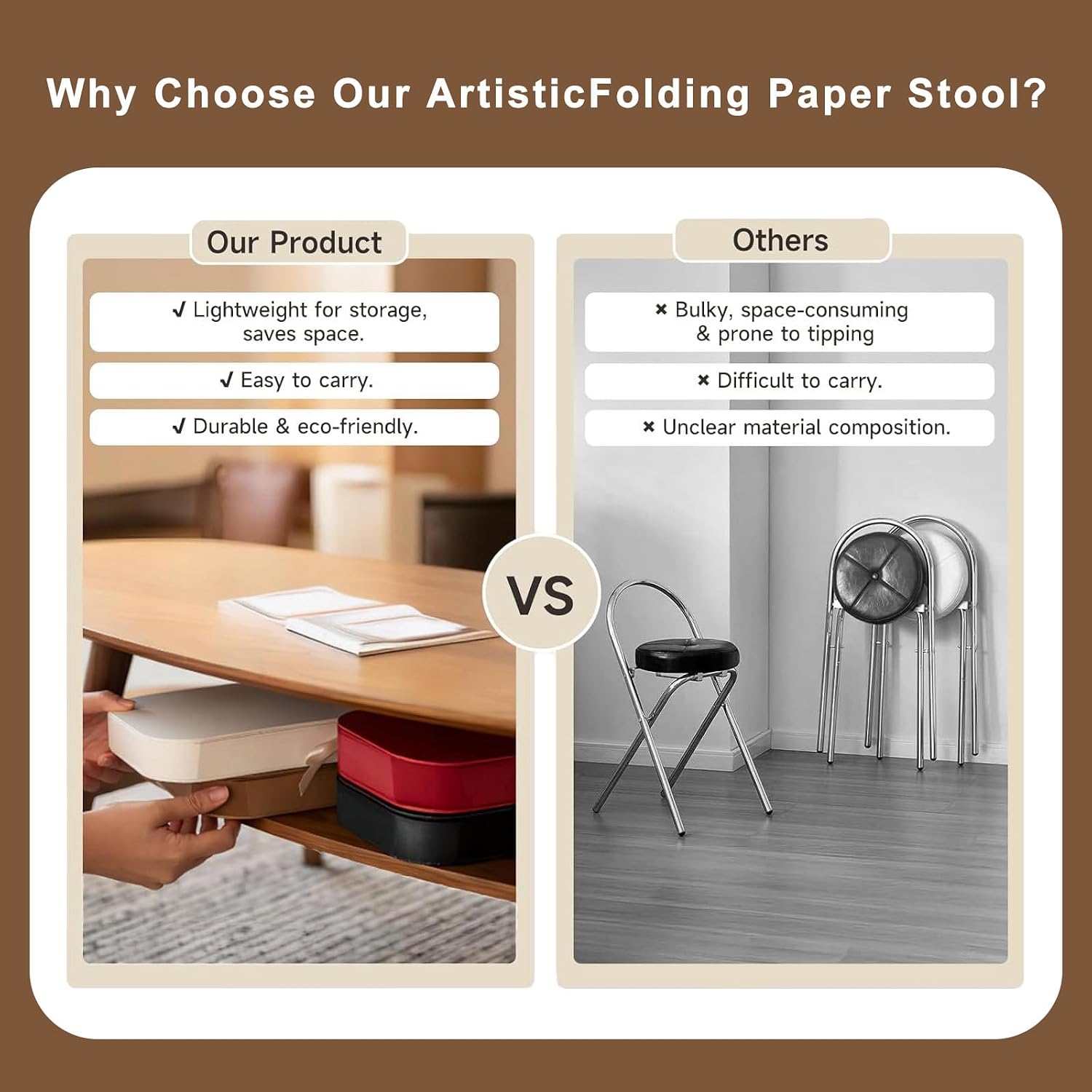 Foldable Stool — Paper Foldable Stool,Folding Paper Stool, (Book-Sized) ，11 Inches High ，Made from Eco-Friendly Kraft Paper ， Ideal for Home & Travel ， Supports Up to 660 lbs ，Brown