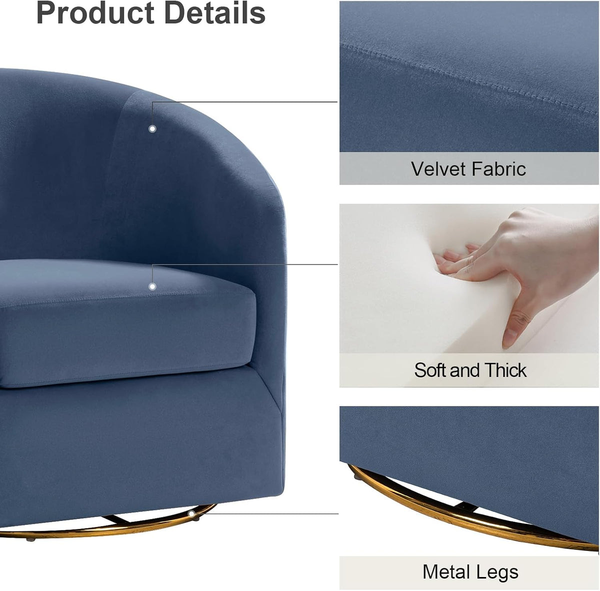 HULALA HOME Swivel Accent Chair with Gold Metal Base, Set of 2 Contemporary Velvet Curved Swivel Barrel Chair, Upholstered Club Armchair, Leisure Single Sofa for Living Room, Bedroom(Slate-Blue)