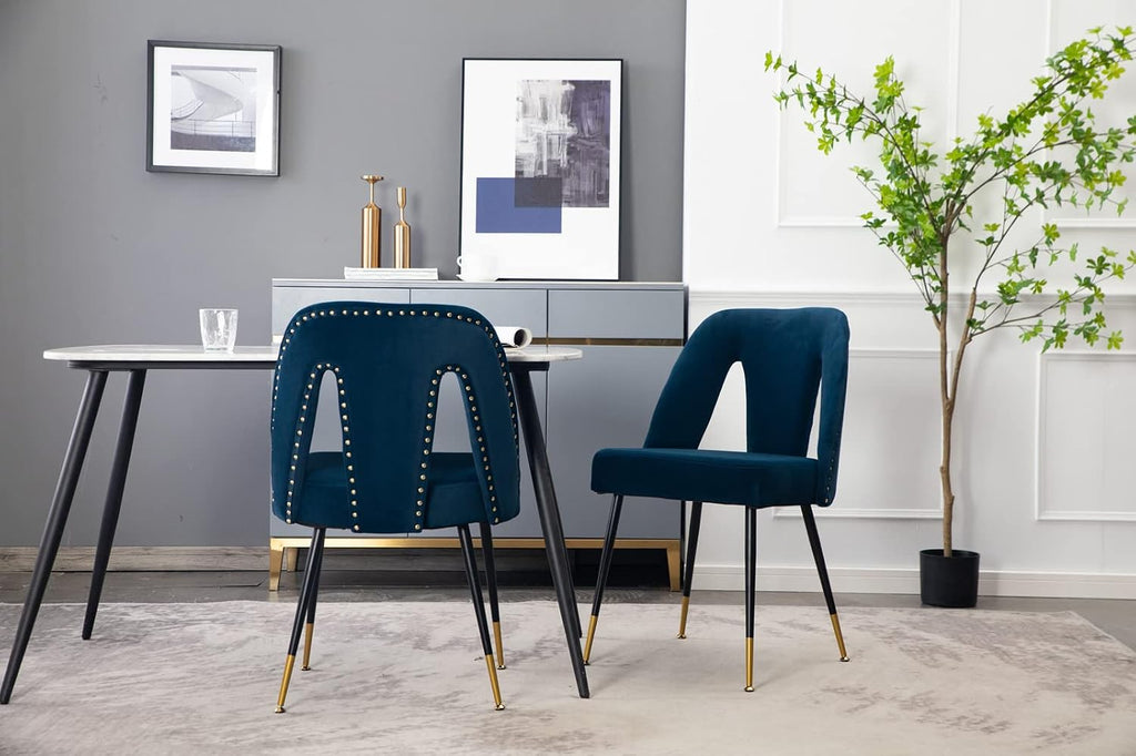 Aoowow Modern Dining Chairs Set of 6, Velvet Upholstered Side Chairs with Nailheads and Gold Tipped Black Metal Legs,Blue (Blue)
