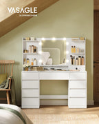 VASAGLE 43.3-Inch Vanity Desk with Mirror and Lights, 9 Drawers | Modern Vanity Table with Power Outlets, Jewelry Storage, Cloud White, for Bedroom, KAILYN Collection URDT141WB01S