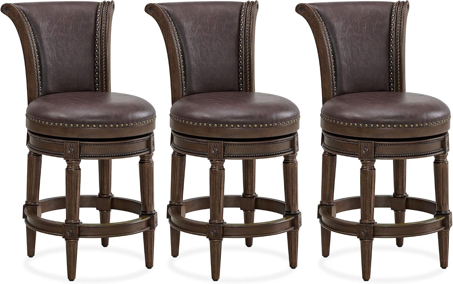 ROME + OAK Runyan 26 Swivel Counter Stool, Set of 3 | Rotating High Back Barstool in Dark Walnut Finish with Vintage Brown Vegan Leather Seat
