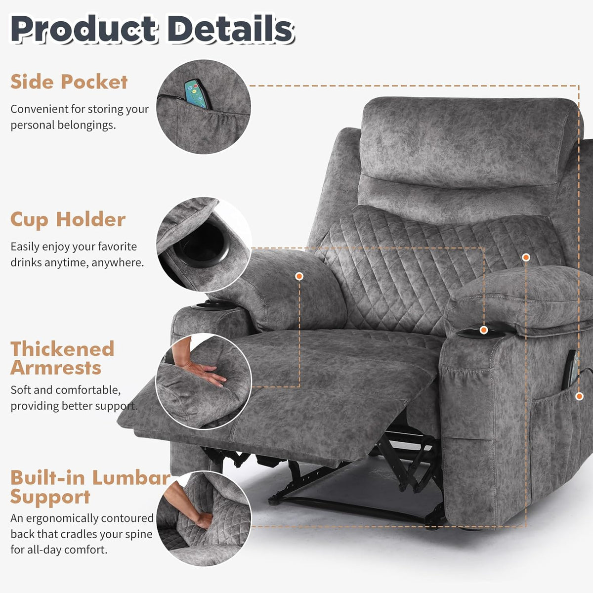 Overstuffed Massage Recliner Chair with Heat, Wide Seat Reclining Chair for Home Theater, Heated Massaging Manual Recliner Chairs with Cup Holders, Grey