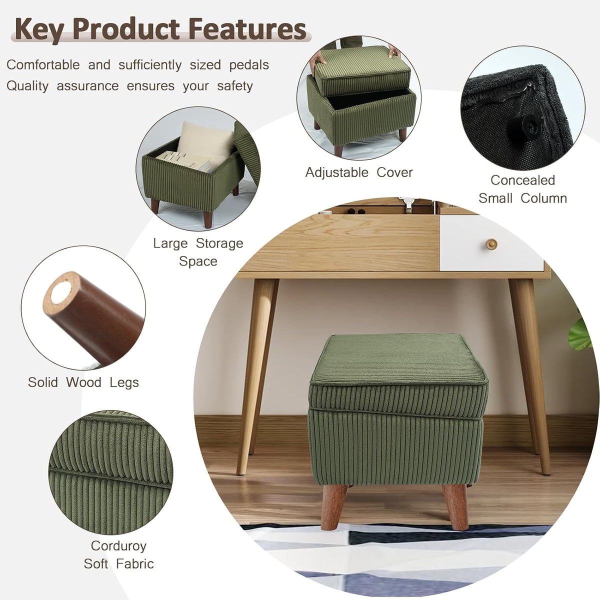 FAGAGA Storage Ottoman with Adjustable Lid, Corduroy Foot Rest | Soft Step Stool, Footrest and Seat, Big Ottoman for Living Room, Bedroom, Dorm, Green
