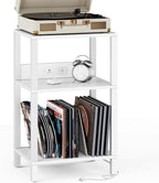 TUTOTAK Record Player Stand with Storage Up to 100 Albums | Record Storage Table, 3 Tier End Table with Charging Station, Side Table for Living Room, Bedroom, White TB01BW076