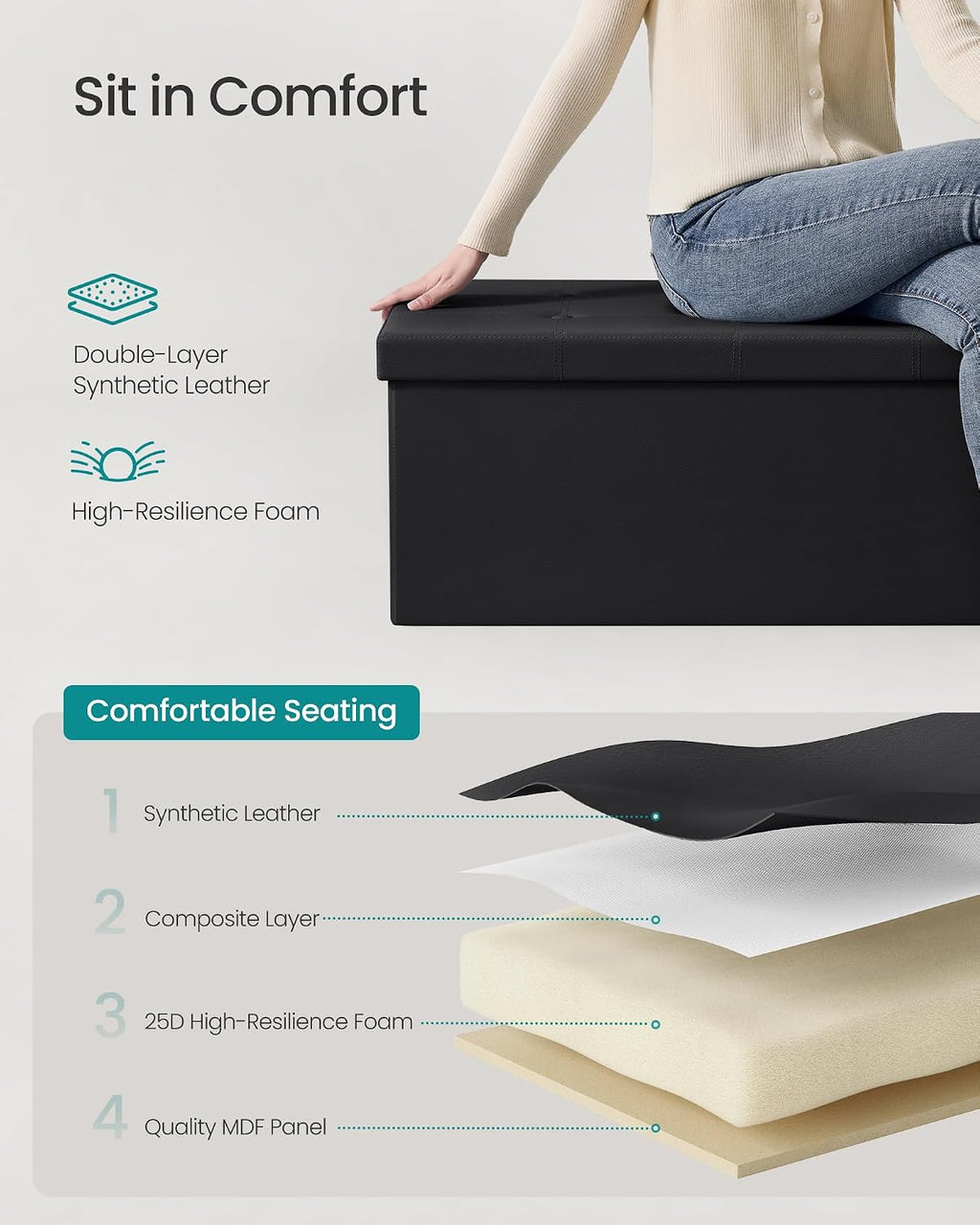 SONGMICS MAZIE Collection - 43 Inches Folding Storage Ottoman Bench, Ottoman with Storage, Foot Rest Stool, Load 660 lb, for Living Room, Synthetic Leather, Black ULSF701