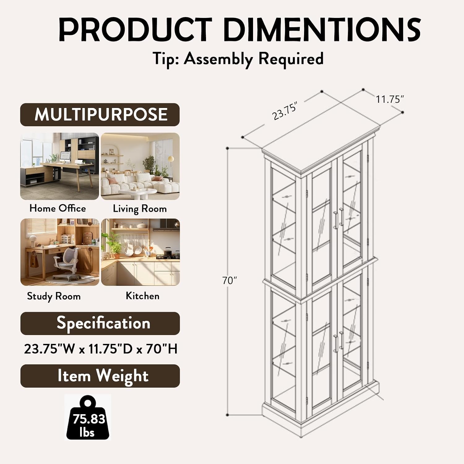 Lighted Curio Cabinet with Tempered Glass Doors, 6 Tiers Curio Diapaly Cabinet with Adjustable Shelves and Mirrored Back Panel, Floor Standing Glass Display Cabinet for Home No Bulb (Walnut)