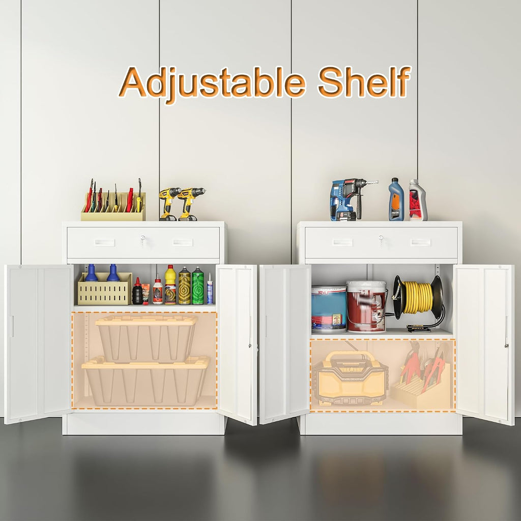 Wanfu Metal Storage Cabinet, Locking Cabinet with 1 Drawer and Adjustable Shelf, 36" H x 28" W x 16" D Steel Storage Cabinet for Office, Garage, Home-White