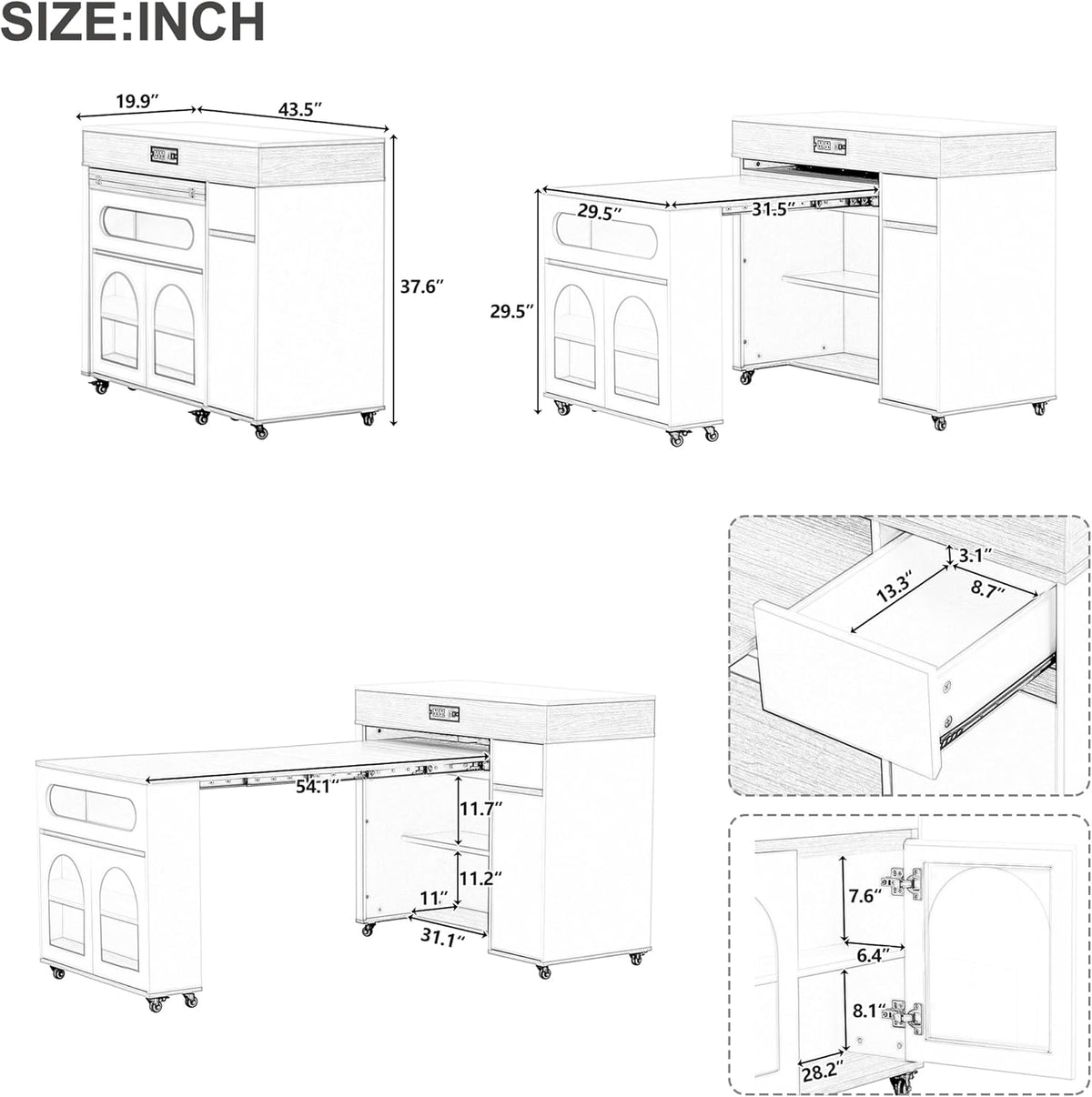 Extendable Dining Table with Folding Leaves & Power Outlet, Rolling Kitchen Island on Wheels with Storage Drawers & Hooks, Convertible Table for Small Spaces (Black + Marble White)