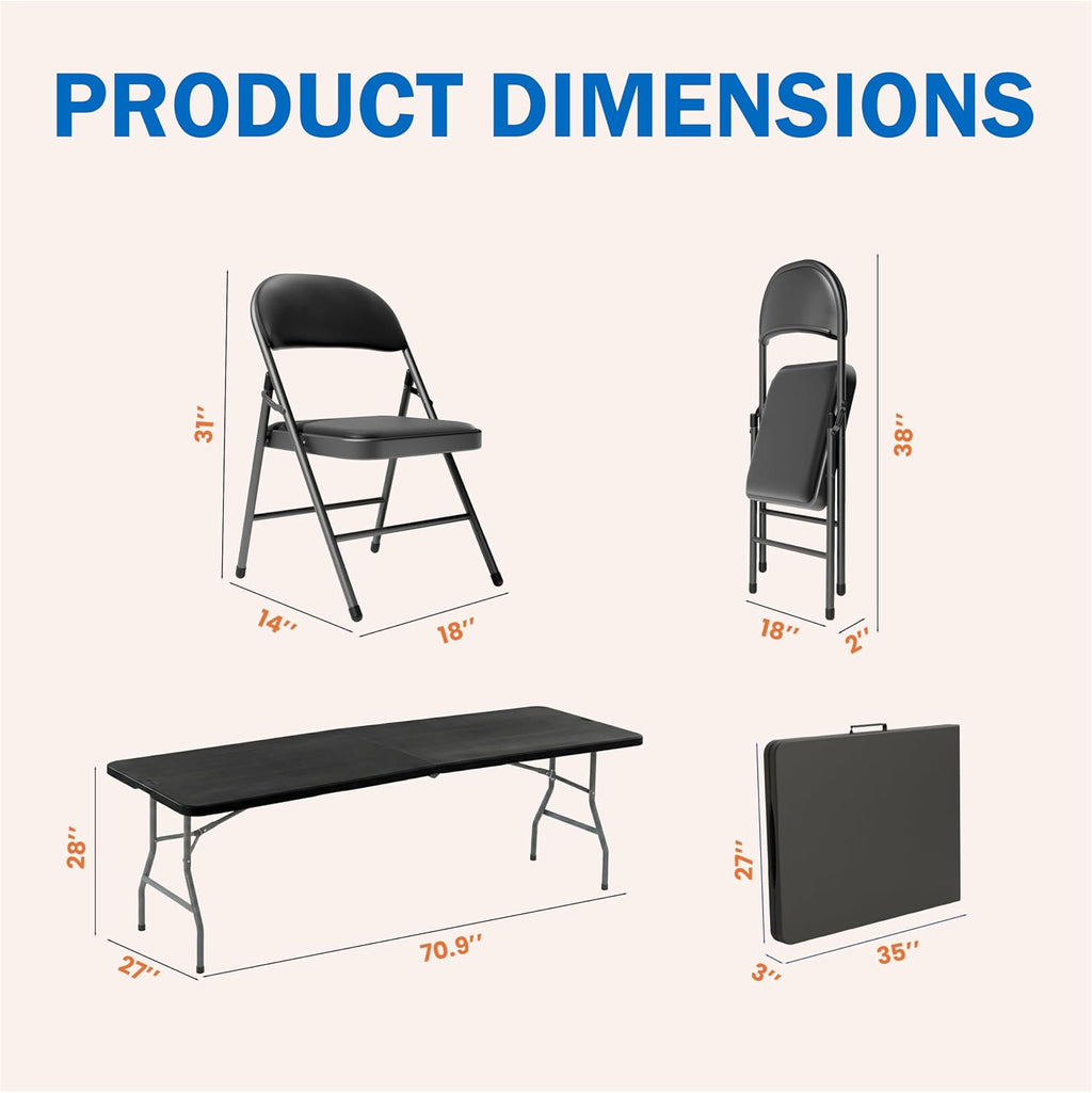 Folding Dining Table Set, 6FT Foldable Plastic Table with Carrying Handle & 6 PU Leather Padded Folding Chairs, Portable Table and Chairs Set for Indoor Outdoor Party Wedding Picnic Event