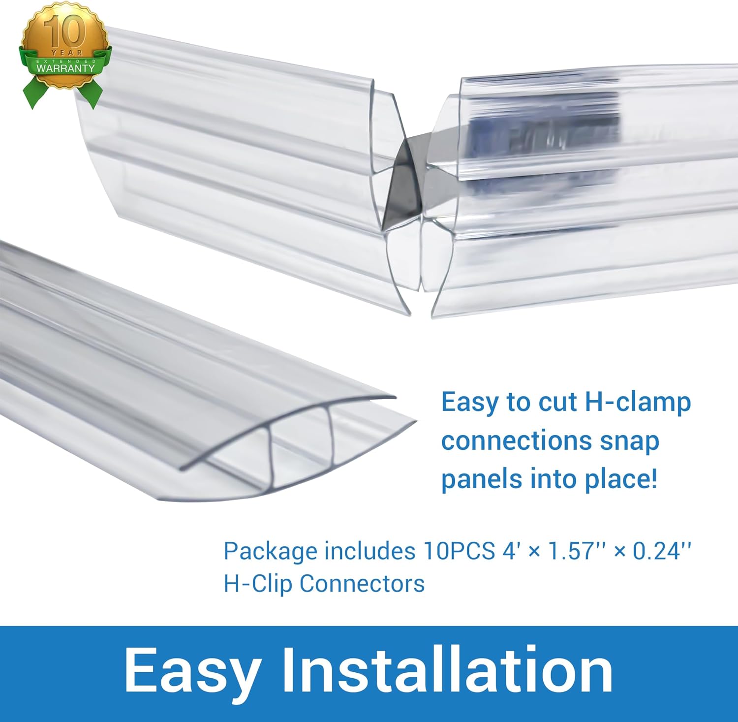 10 PCS Polycarbonate Greenhouse H-Clip Connectors 4ft Length, Fits 0.16’’ & 0.24’’ Twin-Wall Polycarbonate Panels Duty Dust, Rain & Moisture Protection Durable (H-Clip 4' × 1.57’’ × 0.24’’)