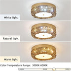 11 inch Rattan Light Fixture Boho Flush Mount Ceiling Light Hand Woven LED Ceiling Lamp for Hallway Bedroom Kitchen Entryway Living Room Nursery