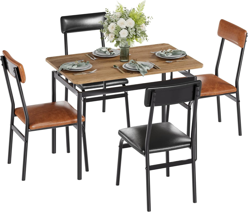 Takywep Dining Table Set for 4 – Wooden Kitchen Table with 4 PU Upholstered Chairs, Industrial Metal Frame Kitchen & Dining Set for Home, Apartment, Studio, Brown & Black