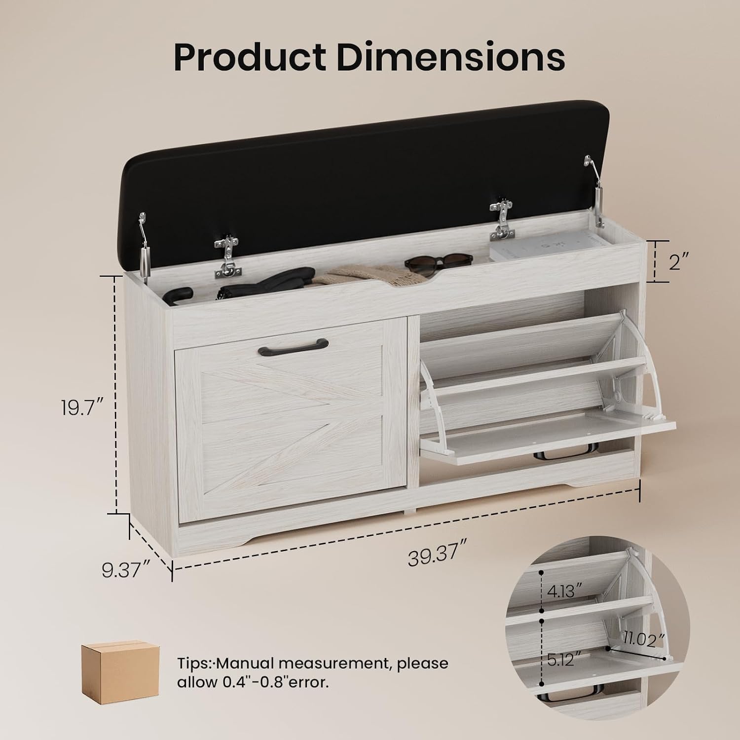 39" Shoe Storage Bench with Seat Cushion, Wood, Ash White | 8-Pair Shoe Capacity, 2 Doors, Comfortable Seating, Space-saving, Narrow Entryway Bench Ideal for Foyer, 330 lb Capacity