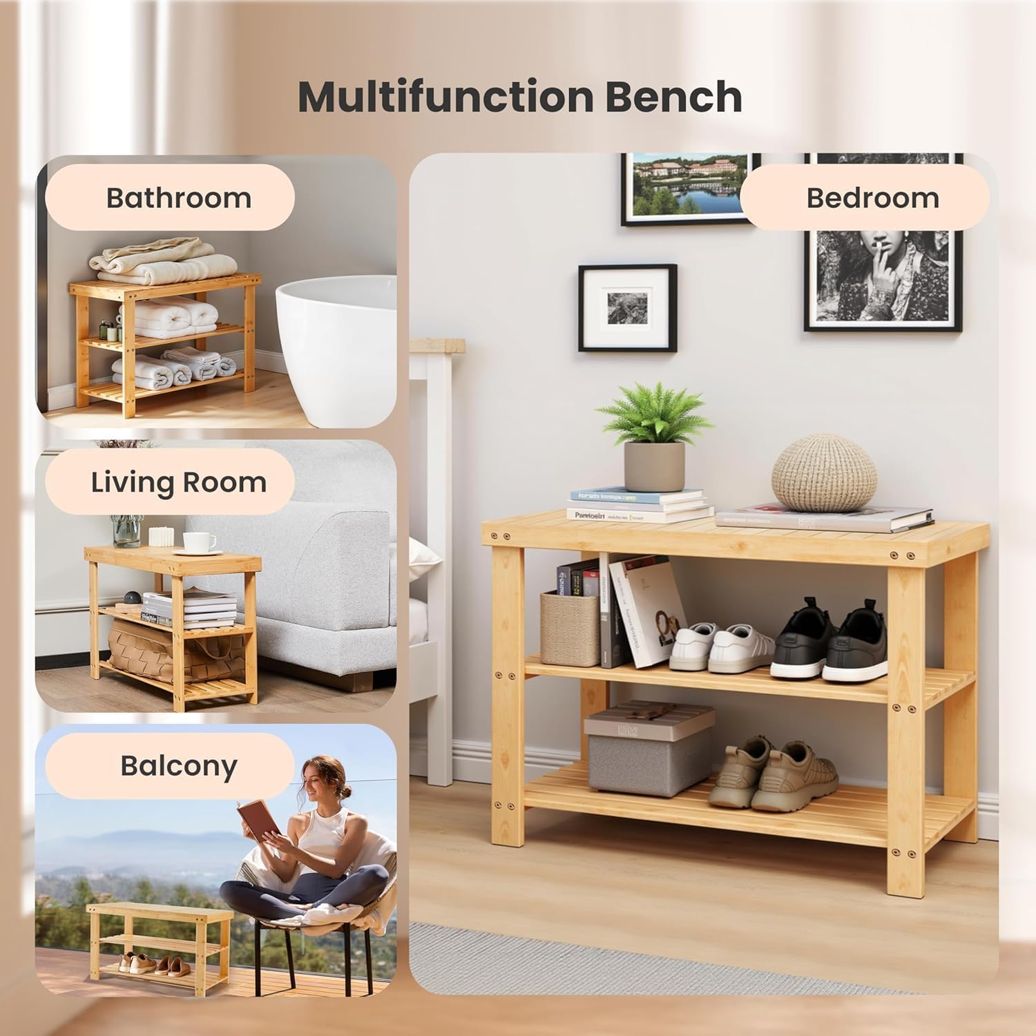 Simple Deluxe Bamboo Shoe Rack Bench, 3 Tier Sturdy Shoe Bench, Storage Shoe Organizer, 286lb Capacity Entryway Bench,Storage Bench for Front Door, Bedroom, Living Room, Bathroom, Balcony