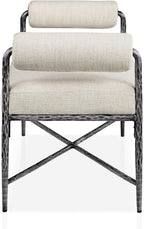 24/7 Shop at Home Lalia Upholstered 48-inch Metal Bench with Padded Roll Arms, Beige Fabric Seat, Hammered Forged Steel Frame, Modern Bedroom or Entryway, Matte Gray