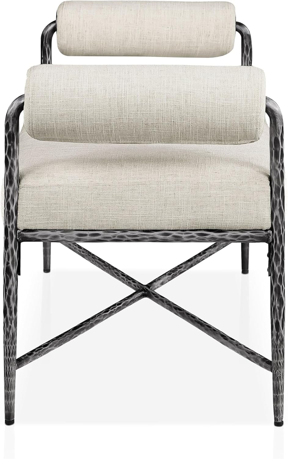 24/7 Shop at Home Lalia Upholstered 48-inch Metal Bench with Padded Roll Arms, Beige Fabric Seat, Hammered Forged Steel Frame, Modern Bedroom or Entryway, Matte Gray