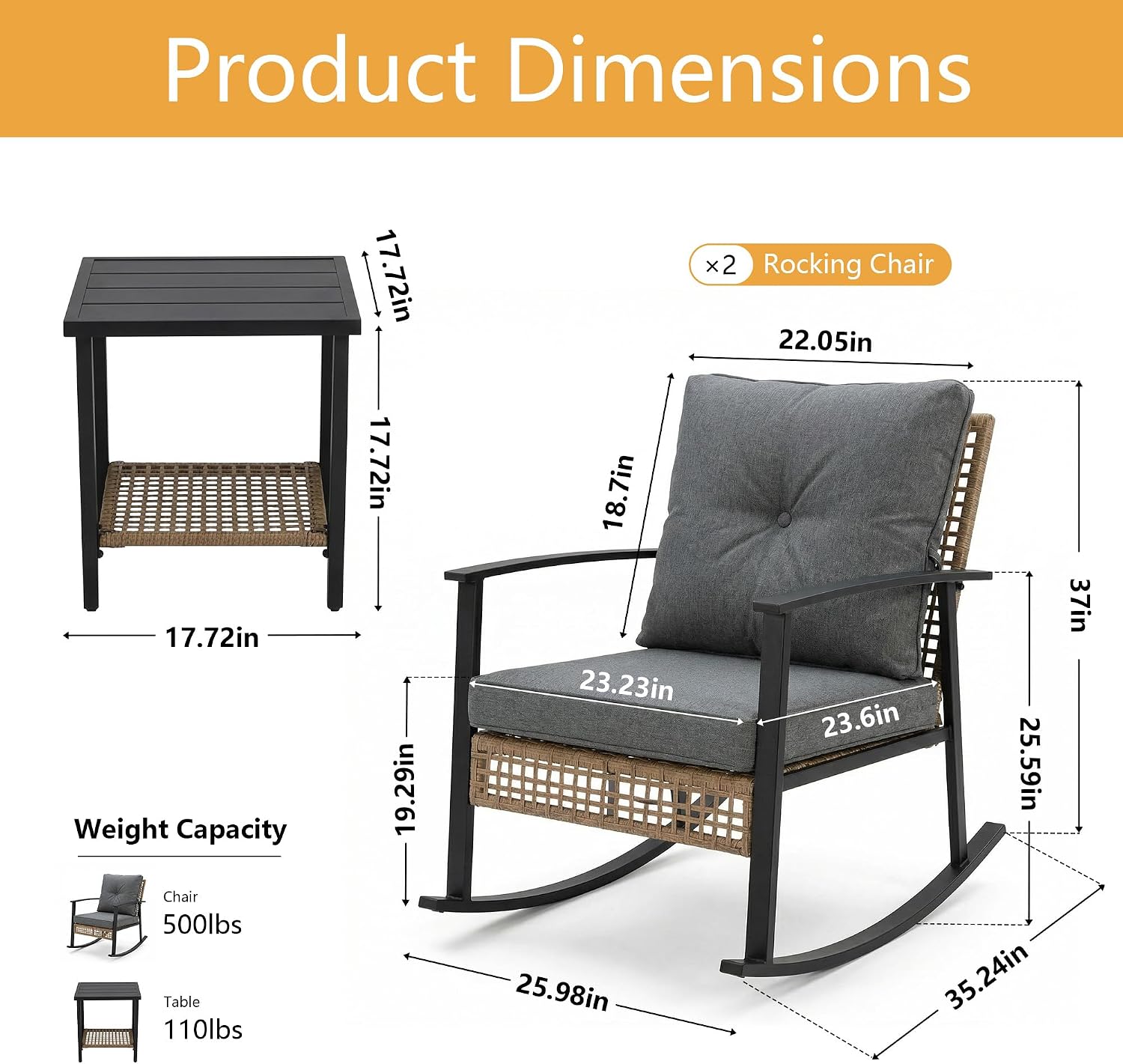 TARKARI 3-Piece Patio Rocking Chairs Set of 2, Outdoor Rocking Chair Bistro Set with Upgraded 2.0 Rust-Proof Alloy Frame & Premium Olefin Cushions, Wicker Rocking Chairs Patio Furniture Set, Grey
