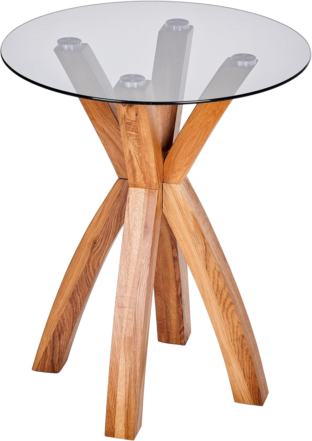 Round Glass End Table, Small Sofa Side Table for Living Room, Bedroom. Stylish Wood Legs with 20” Tempered Glass Top. Nature Oak